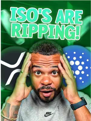 An image featuring a man with a surprised expression, his hands on his head. Behind him are three circular graphics with crypto-related logos and a background with plant-like patterns. Text overlayed in large, bright green letters reads "ISO's ARE Ripping!"