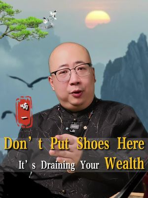 The image features a man in glasses speaking. Behind him is a landscape with mountains, a setting sun, and flying birds. Overlayed text at the bottom reads 'Don't Put Shoes Here', followed by 'It's Draining Your Wealth'. There is a traditional artwork looking symbol in the corner.