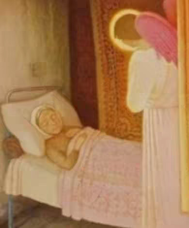 An artistic painting depicting a scene from a religious narrative. A person lies in a bed, covered by a blanket, with an angel standing nearby, radiating a halo of light. The background features details of a bedroom setting, including a patterned curtain.