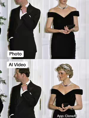 The image is a split screen showcasing a 'Photo' versus an 'AI Video' of Princess Diana and Prince Charles. The top half displays the original photo, showing Prince Charles in a black tuxedo on the left and Princess Diana in a black off-the-shoulder dress on the right. The bottom half shows the AI-generated video, depicting the same couple in the same outfits and poses, but with subtly enhanced features. Additional text at the bottom right reads 'App: CloneAI'.