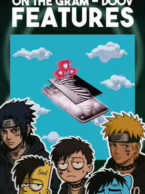 The image showcases a stylized composition with several cartoon characters, notably from Naruto, The Amazing World of Gumball, The Simpsons, and Rick and Morty, in a hip-hop-inspired aesthetic. In the center is a smartphone displaying a black and white zebra stripe pattern, adorned with floating heart emojis and clouds. The background is a bright teal color, from which white clouds are emerging. The characters surround the phone at the bottom.