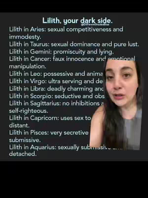 The cover image displays a woman speaking, with text overlaid on the left side of the image. The text provides a list of interpretations of Lilith in different Zodiac signs.