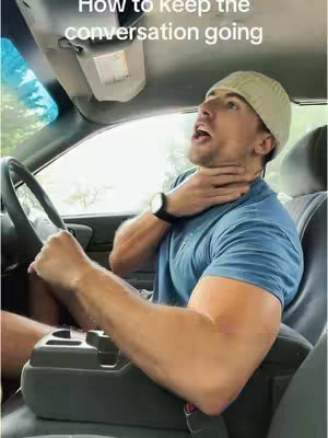 A man in a car, looking surprised, holding his neck. The text overlay reads 'How to keep the conversation going'.