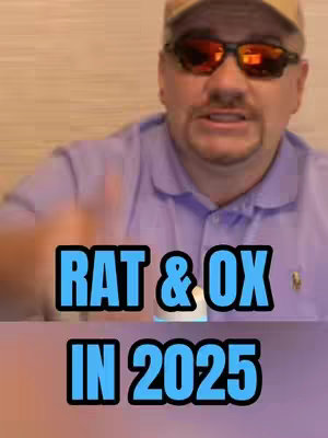 A man wearing sunglasses and a baseball cap is the main focus, he appears to be speaking. Text overlayed on top reads 'RAT & OX IN 2025'. The background is a blurred neutral tone.