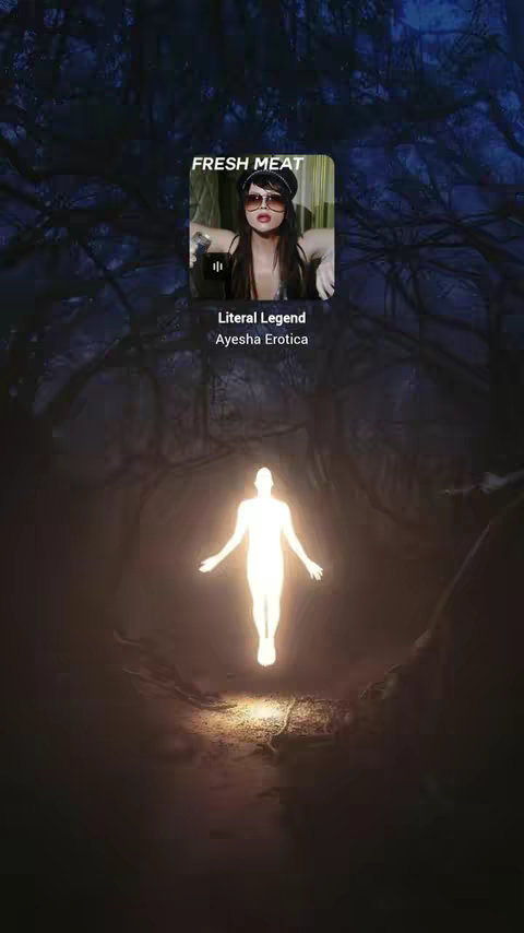 The image features a dark, atmospheric background with a glowing figure in the center. Overlayed on top is a media player interface displaying the song "Literal Legend" by Ayesha Erotica, as well as the text "FRESH MEAT".