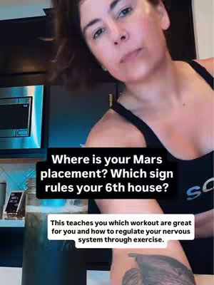 A woman in a black tank top is looking up and to the left with a neutral expression. Overlayed text in a rectangular box asks about Mars placement and the 6th house. A smaller box below elaborates on workouts and the nervous system. The background is an interior space, possibly a kitchen, with a microwave visible. The color scheme is muted.