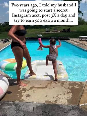 A woman in a black bikini stands next to a swimming pool. A young child is jumping into the pool from a floating raft. Text overlayed on the image.