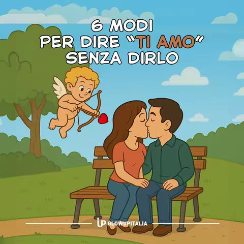 An illustrated graphic shows a park scene with blue skies and green grass. In the foreground, a couple is sitting on a wooden bench, kissing. Above them, an angel with a bow and arrow, with a heart on the arrow, is flying towards them. Text overlays the image at the top.
