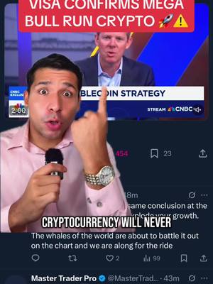 The cover image features a man in a pink shirt speaking into a microphone with an excited expression, pointing upward. A CNBC broadcast is partially visible in the background with text overlays, and the bottom of the image shows a Twitter post with more text regarding cryptocurrency.