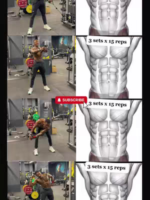 The cover image is a vertical collage. Displayed are four video frames and four anatomical illustrations. The video frames on the left show a man performing various ab exercises in a gym setting. The illustrations on the right show detailed, shaded illustrations of the human abdomen and abdominal muscles, with overlaid text indicating sets and reps.