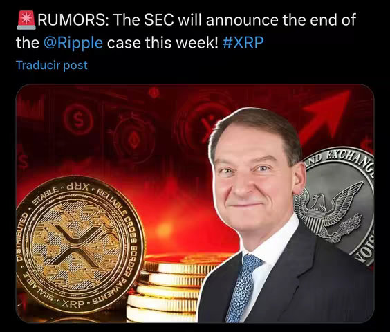 An image featuring a man in a suit smiling, positioned in front of a background with gold coins and an XRP coin. The background has a gradient of red colors that adds to the visual effect. Additional elements include the SEC logo.