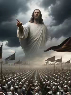 A digital artwork depicts a divine figure, likely Jesus Christ, positioned in the center of the image. He is surrounded by ominous dark clouds, with light emanating from behind him. Below, the background shows a multitude of soldiers in metallic armor, with flags held high, implying either an army or a battle scene. The composition uses a dramatic lighting scheme, and the overall tone suggests a biblical or apocalyptic theme.