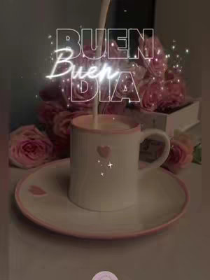 A close-up shot featuring a coffee cup and saucer, with the words 'Buen Dia' in a stylized font layered on top. The cup and saucer are white with pink trim and a small pink heart. Milk is being poured into the cup. A bouquet of pink roses is in the background, with the overall color palette being soft and warm.