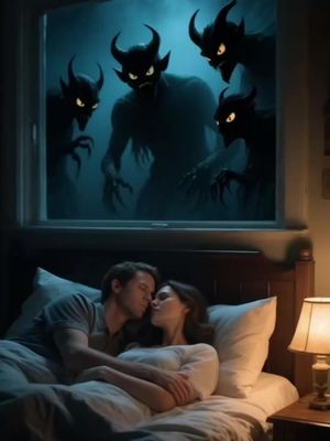An image depicting a couple in bed, kissing. Outside the window, silhouetted demonic figures are visible with glowing yellow eyes.