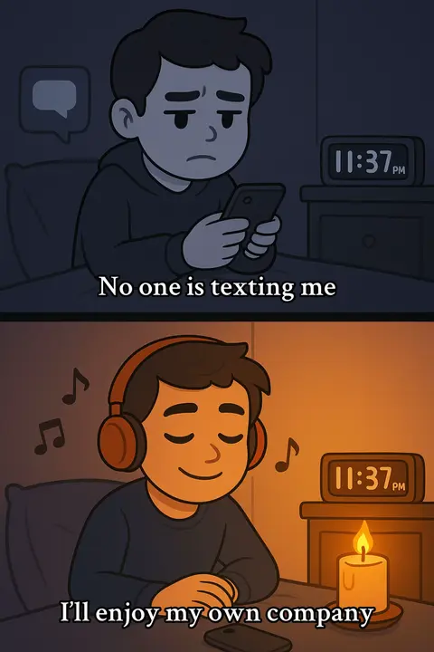 A two-panel cartoon illustration. The top panel shows a young man in a dark room, sitting up in bed, holding a phone, with a speech bubble above him. He appears sad. The bottom panel mirrors the scene, but the man is now wearing headphones, eyes closed, with a candle lit on the bedside table, and appears content. The scene has a digital clock set to 11:37 PM.