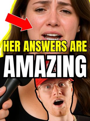 The cover image showcases two individuals in a close-up shot. On top, a woman with brown hair is seen with tears cascading down her face, her mouth open in what could be a surprised or emotional expression; a red arrow is pointing at her cheek. Below, a man with red hair, a red cap, and glasses stares directly at the camera with a shocked expression, his mouth wide open. The text overlay in the middle spells out 'HER ANSWERS ARE AMAZING' in bold, capital letters, with a yellow outline.