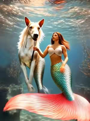 An AI-generated image features an underwater scene with a mermaid and a horse. The mermaid, with flowing red hair and a white seashell top, is holding a leash attached to the horse. The horse, with a pale coat and a white mane, appears to be a mix of a horse and a fish, with a seahorse-like tail. The background shows an aquatic environment with flowing water, and shadowy shapes suggesting coral or rocks.