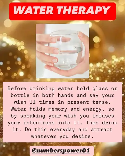 The image features a close-up of hands holding a clear glass of water. A red rectangle at the top displays the text 'WATER THERAPY'. The background has a blurred bokeh effect with gold and white lights. Below the glass, text appears in a pink box, explaining water therapy practices. The bottom hosts the username '@numberspower01'.