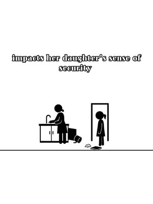 A stark black and white illustration depicting a scenario in a domestic setting. On the left, a figure is working at a sink, next to a fallen object. On the right, a smaller figure stands in a doorway, a distressed expression on their face, symbolizing emotional impact, with text overlay.
