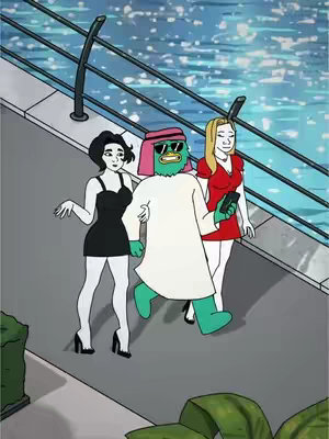 An animated image with three figures walking on a walkway beside water. The central figure is a green-skinned character wearing glasses, a pink head covering, and a white robe. This character is holding the arm of a woman with black hair in a black dress to the left and walking next to a woman in a red dress on the right. The water has a rippling effect and the sky has a blue gradient.