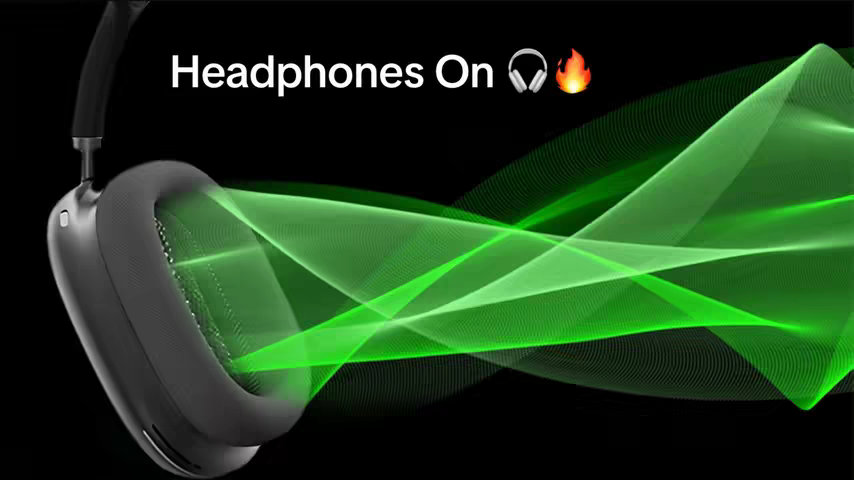 The cover image is a sleek, artistic depiction of audio technology. It features a pair of black headphones on the left, angled slightly towards the viewer, showcasing an ear cup. Extending from the headphones towards the right is a sequence of stylized green lines suggesting sound waves. The background is solid black, which accentuates the vibrancy of the green lines and creates a modern, high-tech feel. The text overlayed at the top says 'Headphones On' creating a clear visual cue to draw attention to the headphones themselves.