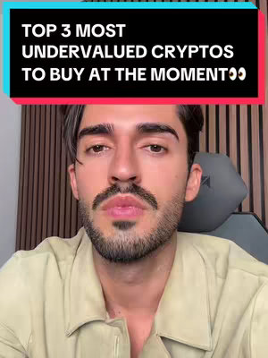 The cover image features a man looking directly at the camera in a medium shot. Above him, a banner announces 'TOP 3 MOST UNDERVALUED CRYPTOS TO BUY AT THE MOMENT' against a teal and black background. The man has dark hair with some gray, a beard, and is wearing a light-colored shirt. The background appears to be a wooden wall.