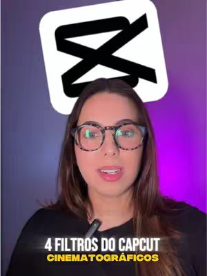 A woman with brown hair and glasses is the subject of the image, positioned in front of a gradient background. The top layer features the CapCut logo, while the lower part of the image includes text overlay.