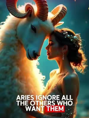 A stylized image features a light-skinned woman with dark hair and a floral crown, facing right with her eyes closed and leaning her head against a large, fluffy ram. The ram has large, curving horns. The background shifts in color from turquoise to a golden, diffused light. Text at the bottom in white font over a red box says: ARIES IGNORE ALL THE OTHERS WHO WANT THEM