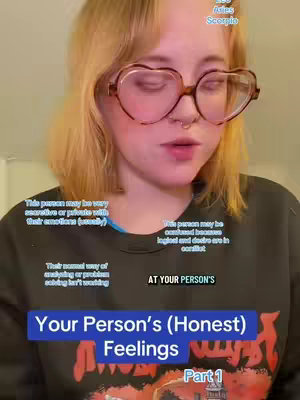 A selfie-style video with a young woman wearing heart-shaped glasses, her face filling most of the frame. Text overlays include astrological signs at the top, and speech bubbles with text related to the topic below the person. There's a large text box at the bottom with the video title in a blue background.