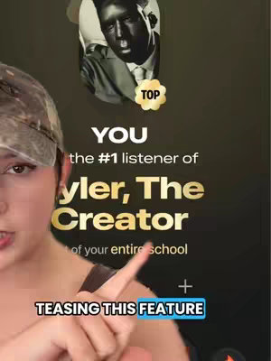 A vertical video cover image showing a woman from the chest up, pointing to a screen with text. The background has a gold gradient and a photo of Tyler, The Creator with a gold star. Text overlays read: "YOU the #1 listener of Tyler, The Creator of your entire school + TEASING THIS FEATURE"