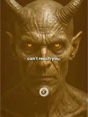 The image features a close-up of a demonic figure's face. The figure has a wrinkled, greenish face with prominent cheekbones, large ears, and curved horns. The eyes glow with an orange light. Overlayed text reads, "can't reach you," adding a layer of textual context to the visual.
