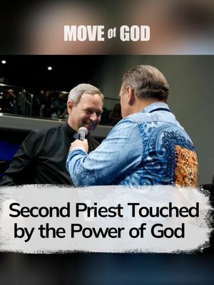 The cover image shows two men in a close embrace with one holding a microphone. Above them is the text 'MOVE of GOD', below is a white banner with text saying 'Second Priest Touched by the Power of God'.