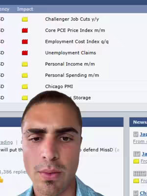 A man is in the foreground with a laptop screen behind him. The screen shows a data table with economic indicators, some highlighted in red and yellow. The man has a serious expression.