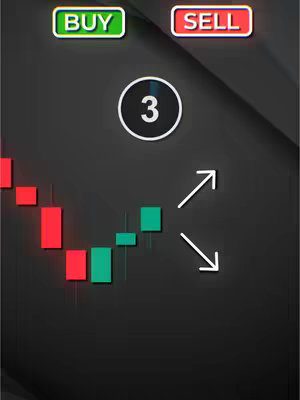 The image shows a stylized candlestick chart pattern on a dark gray background. The chart is made up of red and green bars representing price movements. Above the chart are buttons labeled 'BUY' and 'SELL'. To the right of the chart, two white arrows point in opposite directions from the same origin point. In the middle of the image, there is a white circle with the number 3 inside. The overall layout is clean and professional, with a focus on financial trading concepts.