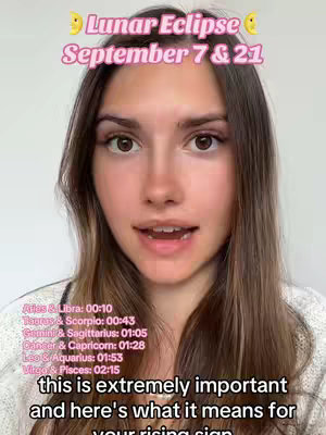 A young woman with long brown hair gazes directly at the camera, with text overlays above and below her. The top text says, "Lunar Eclipse September 7 & 21." Below, a list associates zodiac signs with time codes for video content.