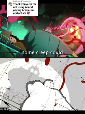 The image is a split-screen showcasing two different art styles or phases of an animation. The top half presents a scene in color, featuring a person lying on a gurney in what appears to be a bloody environment. The color palette is vibrant and intense. The bottom half displays a stark, monochrome version of a similar scene, possibly a storyboard or a sketch. The layout suggests a 'before and after' or a 'process' comparison, and potentially hints at a dramatic or horror theme. The overall composition is dynamic, with both sections contributing to the narrative.