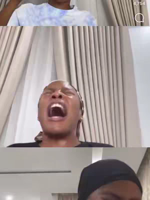 The cover image is a vertical compilation showing a woman's face in a close-up shot across three layered panels. The panels are arranged vertically. The woman appears to be in the middle of a dramatic expression, mouth wide open, eyes closed, and face contorted. She has a head covering, likely a scarf, and is set against a light-colored, textured background possibly curtains. The shot is lit well, and her expression suggests a moment of intense feeling or emphasis. The upper panel shows part of a tie-dye shirt. The lower panel shows the lower part of her face with a dark head covering.