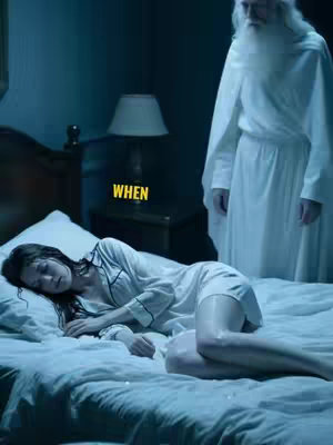 A woman lies asleep in a bed, lit by dim lighting. A figure resembling God stands behind her, suggesting a spiritual or religious theme.