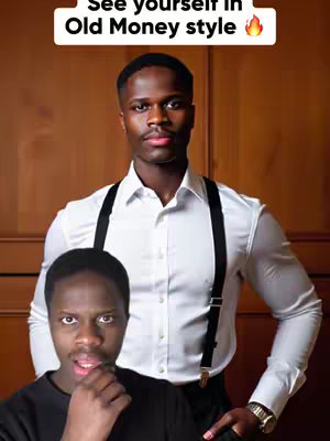 The image shows a man in a white shirt with black suspenders and a watch, with another man in the foreground. The background is a plain wall.