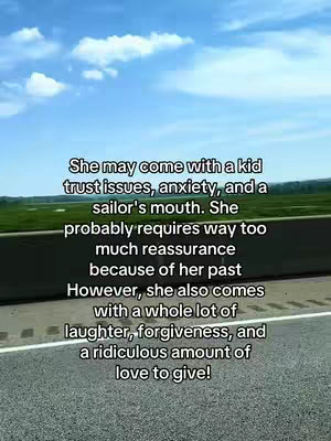 The image captures a scenic outdoor view, showing a clear blue sky filled with puffy white clouds. Below the sky, there's a blurred out horizon line and dark, asphalt road in the foreground. In the center of the image, there is a white text about a person's qualities, highlighting both challenges and positive attributes.