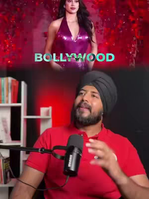 The image is a split composition, with a celebrity at the top and a man filming at the bottom. The woman is in a pink dress and the man is in red shirt. Underneath her is the word "BOLLYWOOD". Behind the woman are reddish flowers.