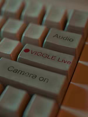 The image showcases a close-up view of beige-colored keyboard keys. Some keys have text labels like 'Audio', 'VIGGLE Live' in red, and 'Camera on'. The keys are in focus, with a blurred background, suggesting a shallow depth of field. The lighting appears soft, and shadows are minimal.