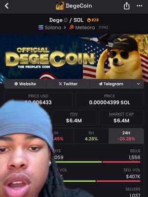 The cover photo features a close up of a person in a blue cap, in front of a screen displaying stock information. The screen shows the name DegeCoin, price updates, and a doge meme.