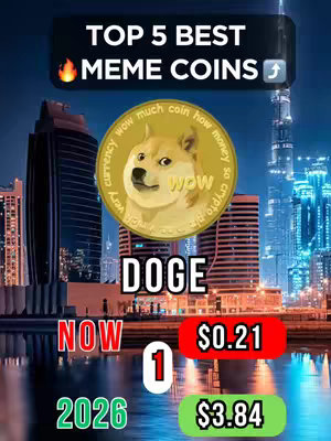 The image is a vertical graphic showcasing financial data.  It is layered over an image of Dubai at night. The foreground features a gold coin with the Doge meme face, the word "DOGE" in white letters, and price predictions in red and green blocks with the text "NOW" and "2026".