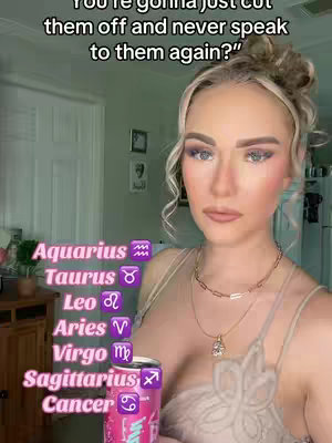 A blonde woman gazes at the camera, holding a beverage. Text overlays are displayed in a stacked vertical arrangement on the left side, listing zodiac signs, while a text overlay at the top asks a question.