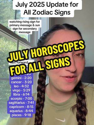 The cover image features a woman with brown hair in pigtails, in what appears to be a home setting, and a text overlay. The woman is smiling and looking at the camera. Text is overlaid informing of monthly horoscopes. The background is soft-focus, and the color palette is natural.