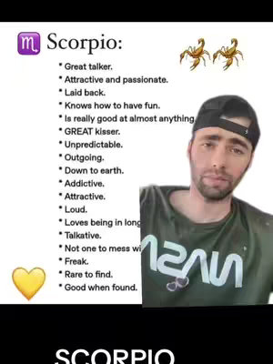 A split image featuring a list on the left and a man on the right side. The list contains descriptions of a Scorpio personality, and the man is casually dressed, gazing at the camera.