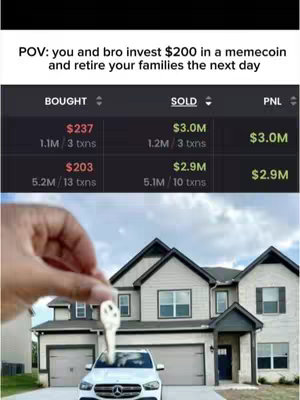 The image shows a hand holding a key in front of a house, car, and a crypto-currency trading data summary. The house is large and has a two-car garage, and a white luxury car is parked in front of the house. The top of the image shows table data regarding a memecoin, with values for 'Bought', 'Sold', and 'PNL', displayed on a black background.