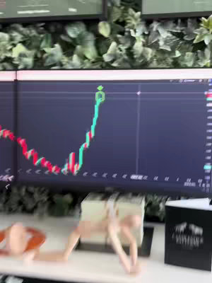 The image shows a close-up shot of a computer screen displaying a stock chart, with green and red lines indicating the stock's movement. A decorative green plant wall is at the top and a blurred foreground with office items.