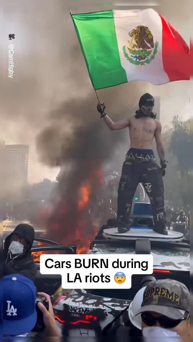 The cover image shows a man shirtless with the Mexican flag in the background waving the flag with a fire behind him, and a text overlay at the bottom. The cars are on fire and police officers are on the side.
